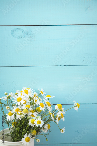 Принти на полотні summer bouquet of chamomile on the old blue wooden background