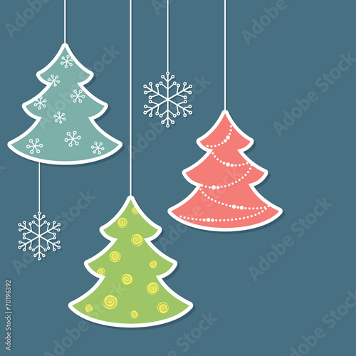 Christmas trees and snowflakes in paper cutout style