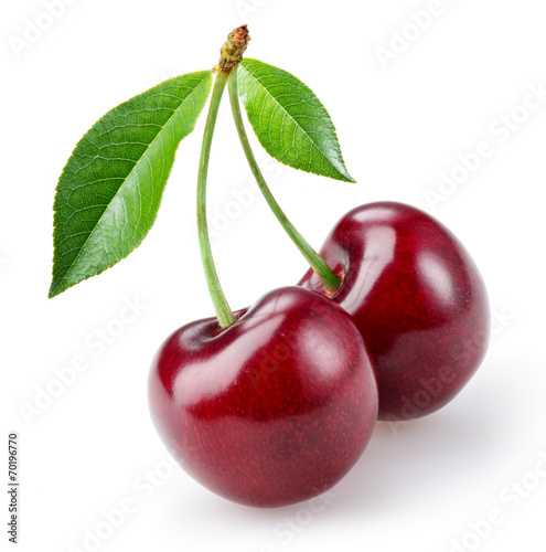 Stampa su tela Cherry with leaves isolated on white background
