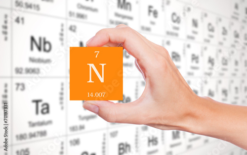 Nitrogen symbol handheld in front of the periodic table photo