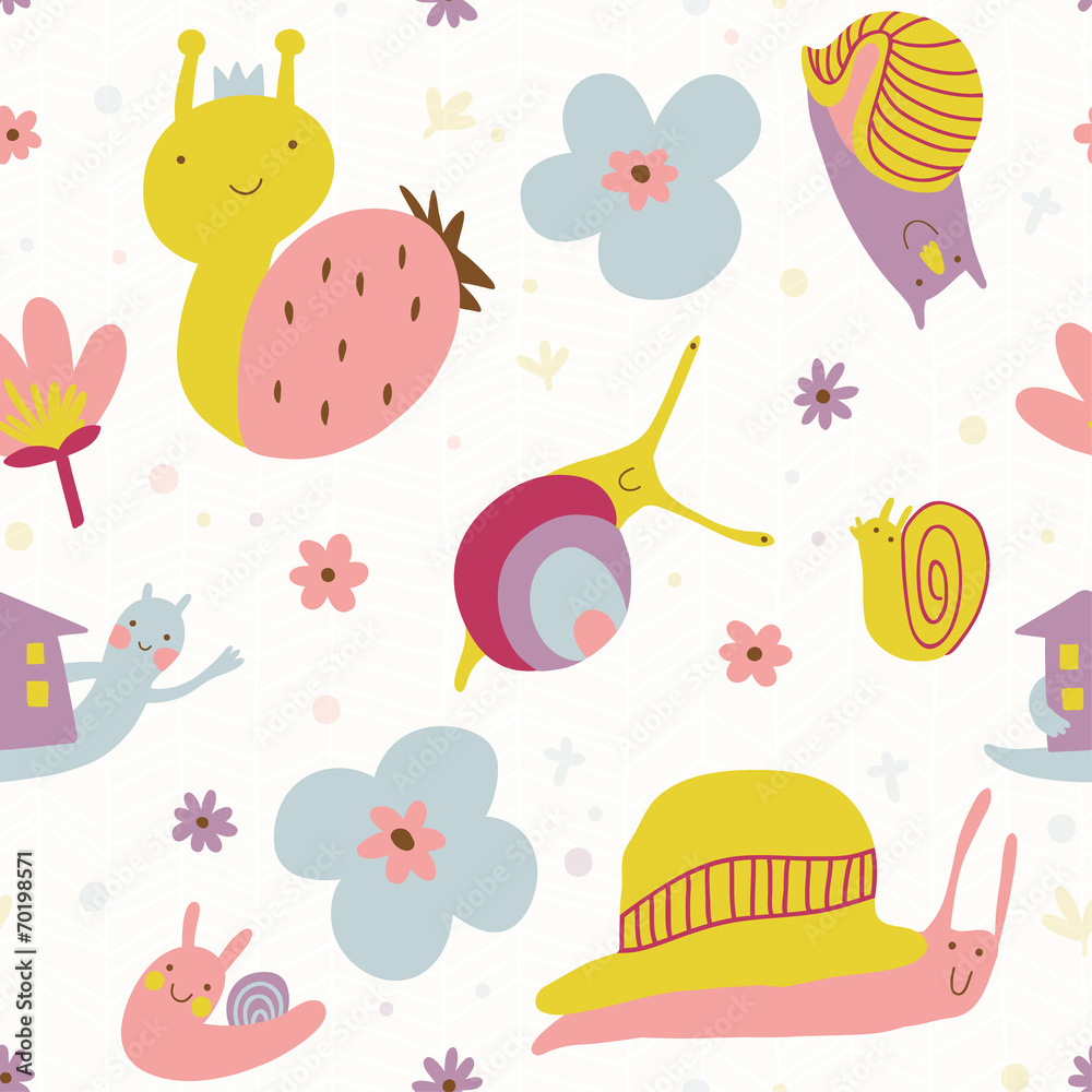 Cute seamless pattern with snails and flowers Stock Vector | Adobe Stock