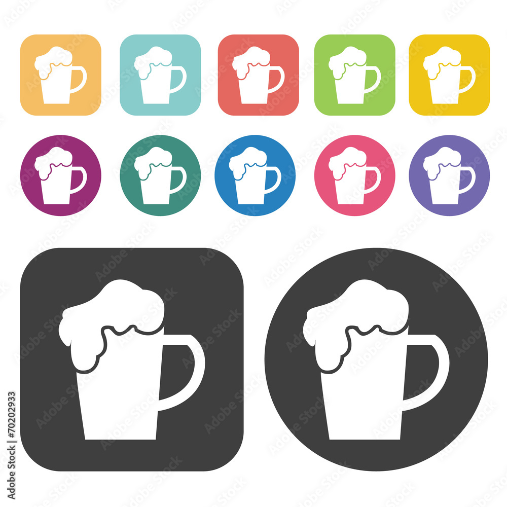 Mug with beer icons. Party beer set. Round and rectangle colourf Mug with beer icons. Party beer set. Round and rectangle colourf