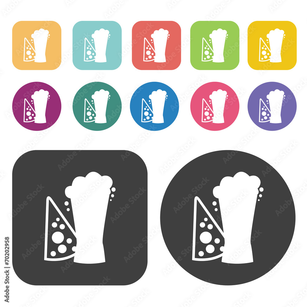 Mug of beer with lemon icons. Party beer set. Round and rectangl Mug of beer with lemon icons. Party beer set. Round and rectangl