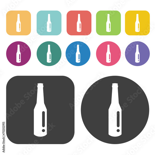 Bottle of beer icons. Party beer set. Round and rectangle colour