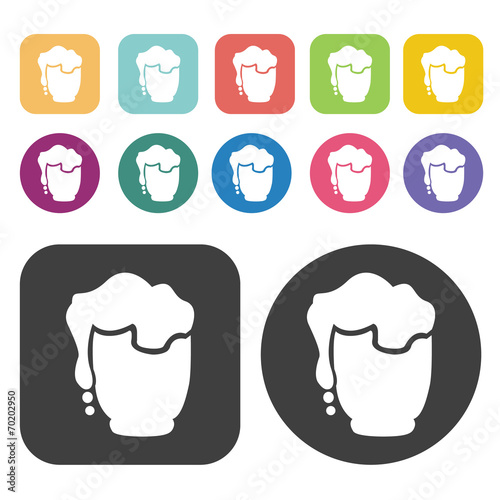 Mug full of fresh beer icons. Party beer set. Round and rectangl