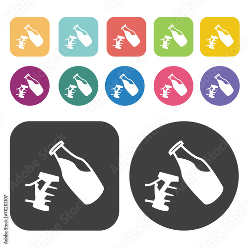 Bottle pouring drink icons. Party beer set. Round and rectangle