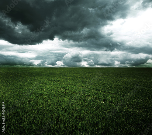 Storm dark clouds over field with grass