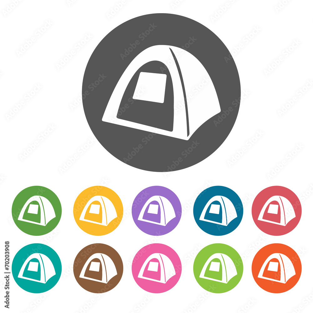 Tent icons. Camping hiking set. Round colourful 12 buttons. Vect Tent icons. Camping hiking set. Round colourful 12 buttons. Vect