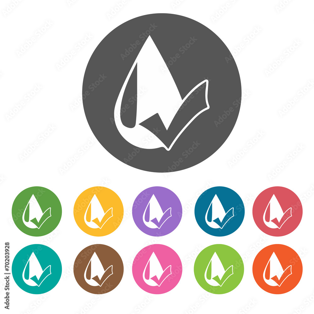 Water droplets icons. Camping hiking set. Round colourful 12 but Water droplets icons. Camping hiking set. Round colourful 12 but