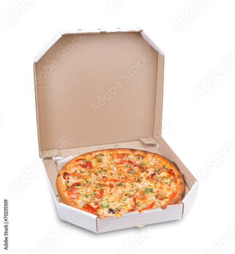Pizza in box isolated