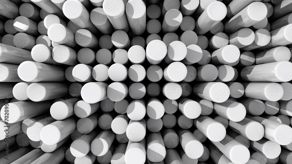 Background of white reflective extruded cylinders or rods at var