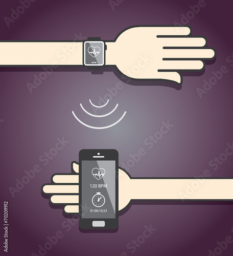 Smartwatch and smartphone communication. Smartwatch sending fitn