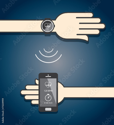 Smartwatch and smartphone communication. Smartwatch sending fitn
