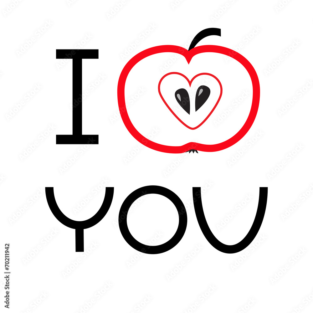 Red apple with heart shape. I love you card. Flat Red apple with heart shape. I love you card. Flat