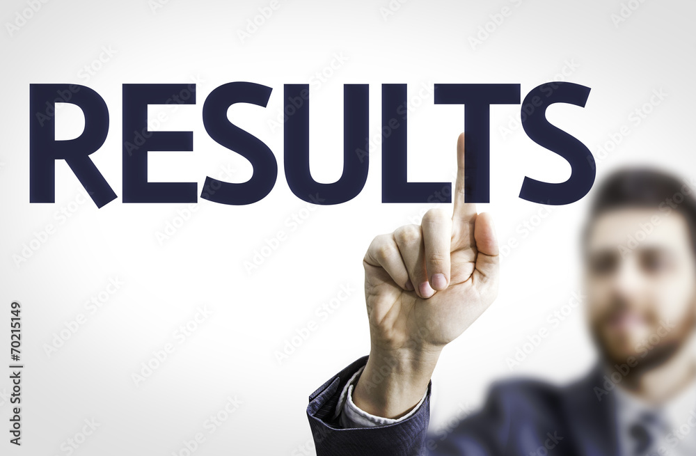 Business man pointing to transparent board with text: Results Business man pointing to transparent board with text: Results