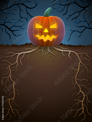 Jack-o-lantern with roots in night lighting. Halloween template