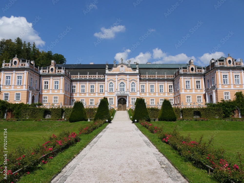 Full front view of rococo castle Nove Hrady, Czech Republic
