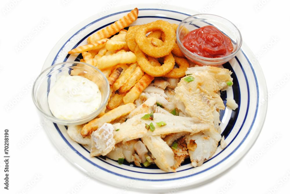 Flaked Fish Served with Fries and Onion Rings Flaked Fish Served with Fries and Onion Rings