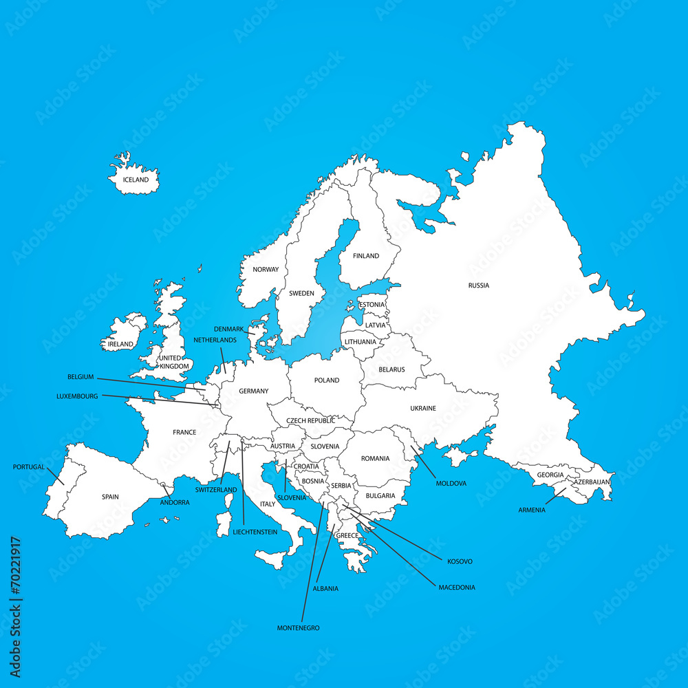 Outline on clean background of the continent of Europe