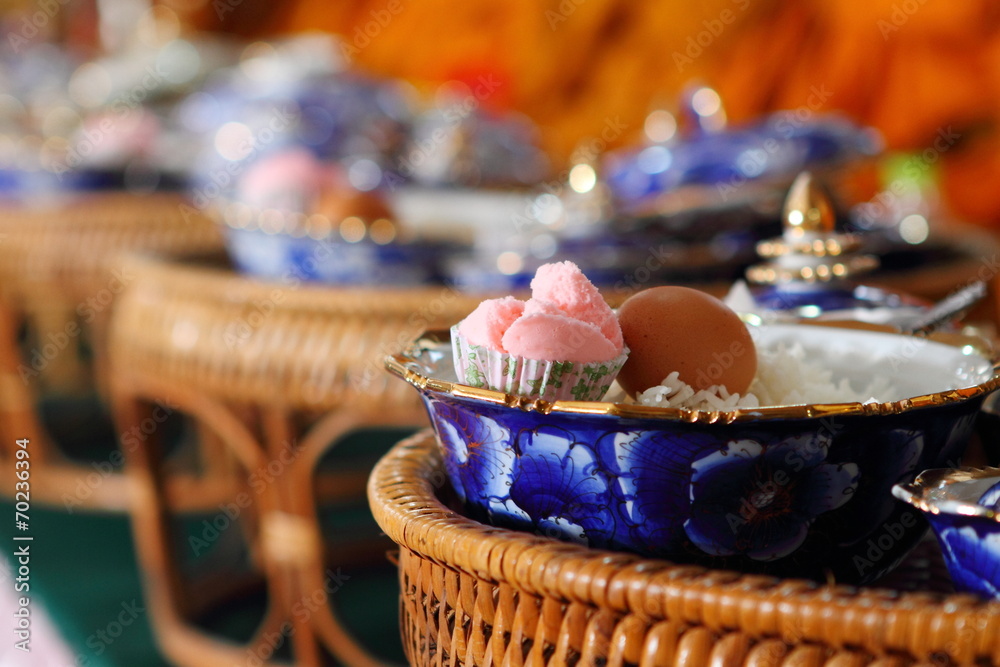 Food and cooked rice and desserts in ceramic bowl, The merit of Buddhist ceremony.