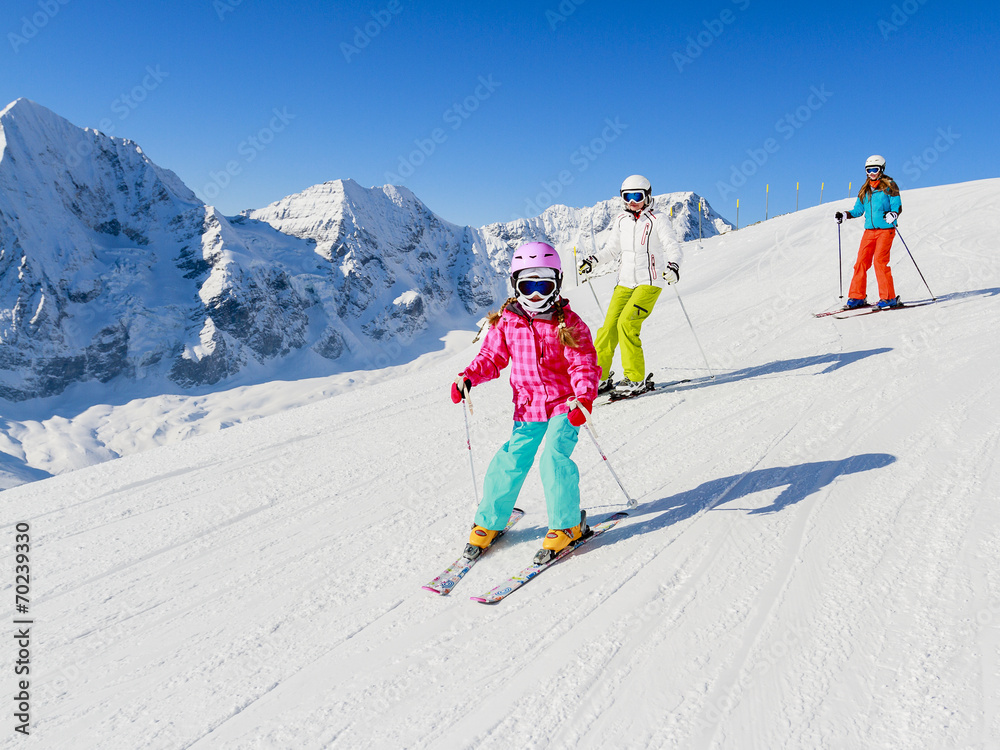 Skiing, winter, ski lesson - skiers on mountainside - obrazy, fototapety, plakaty 