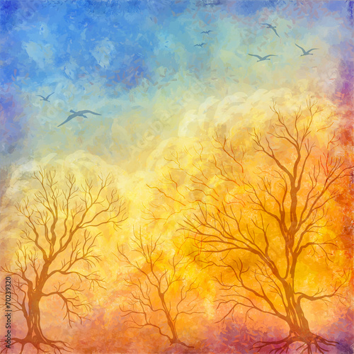 Vector oil painting autumn trees, flying birds