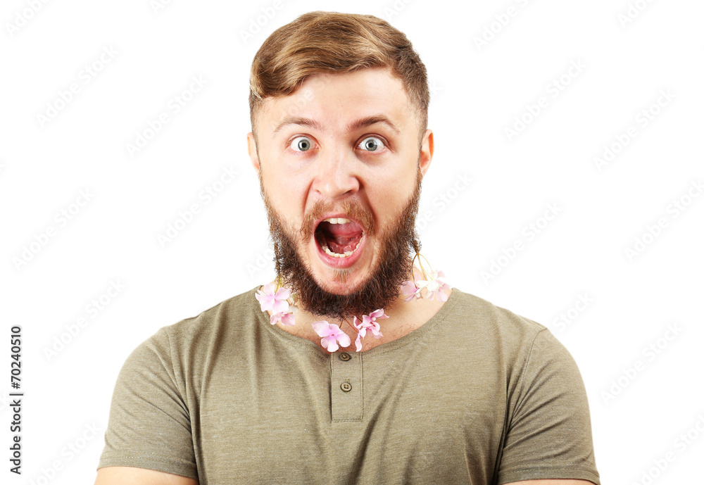 Portrait of handsome man with beard of flowers isolated on Portrait of handsome man with beard of flowers isolated on