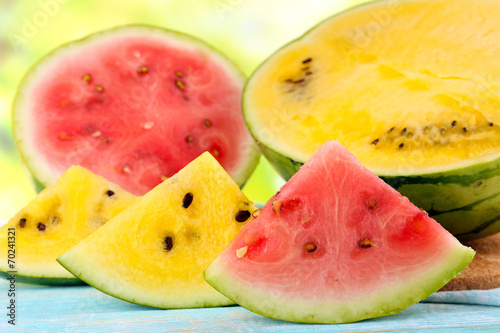 Slices of red and yellow watermelons