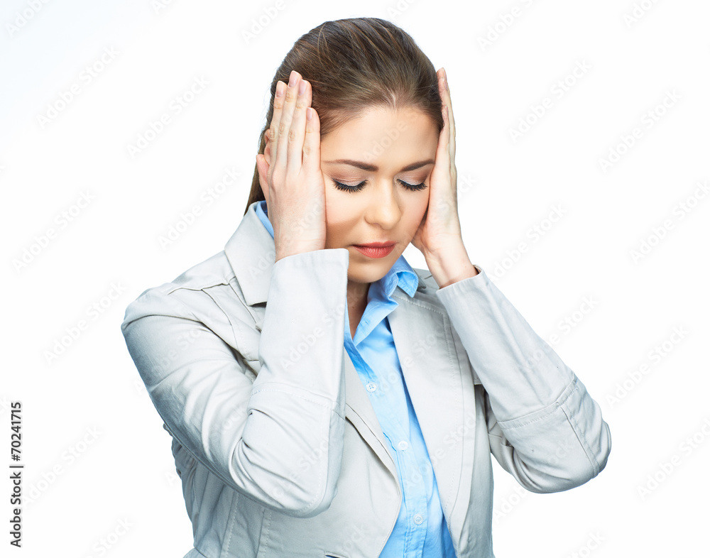 Business woman headache portrait with closed eyes. White backgr Business woman headache portrait with closed eyes. White backgr