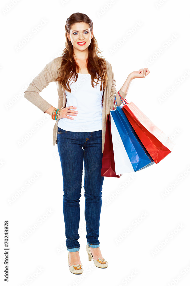Fashion model with shopping bag. Isolated white background full Fashion model with shopping bag. Isolated white background full