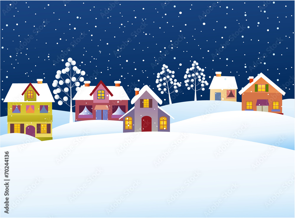 Winter background with cartoon houses