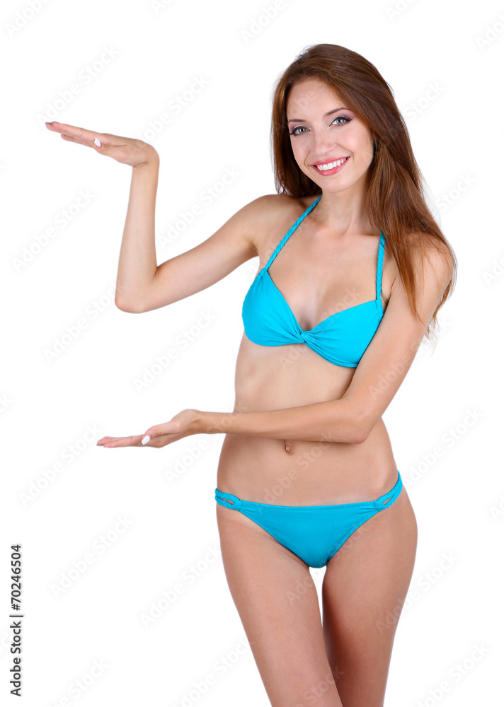 Beautiful young woman in swimsuit isolated on white
