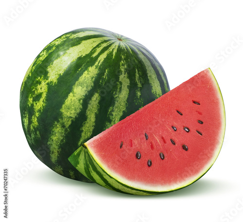 Whole watermelon and slice isolated on white background