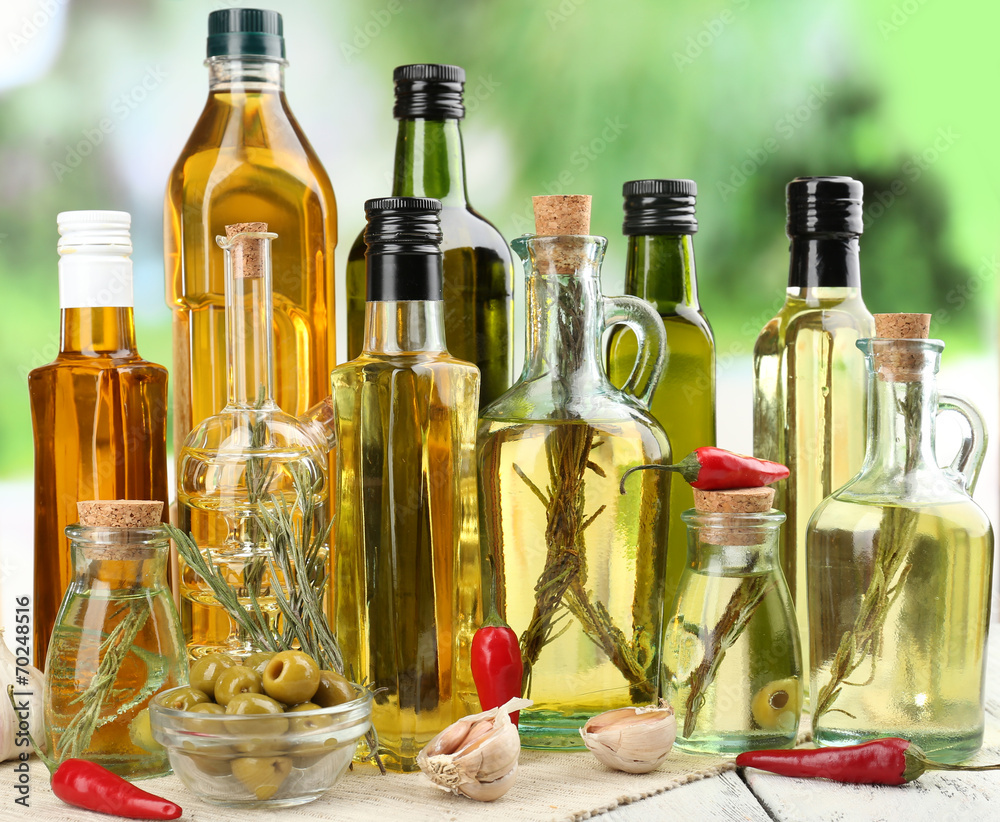 Different sorts of cooking oil, close-up Different sorts of cooking oil, close-up