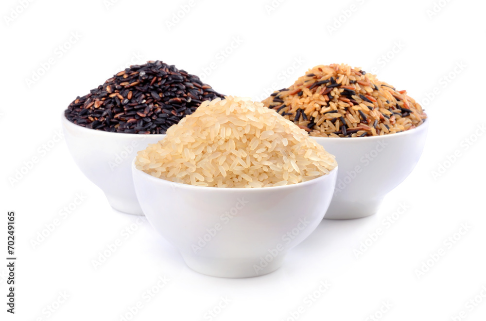 Brown, black and white rices