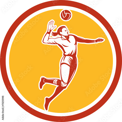 Volleyball Player Spiking Ball Circle Retro