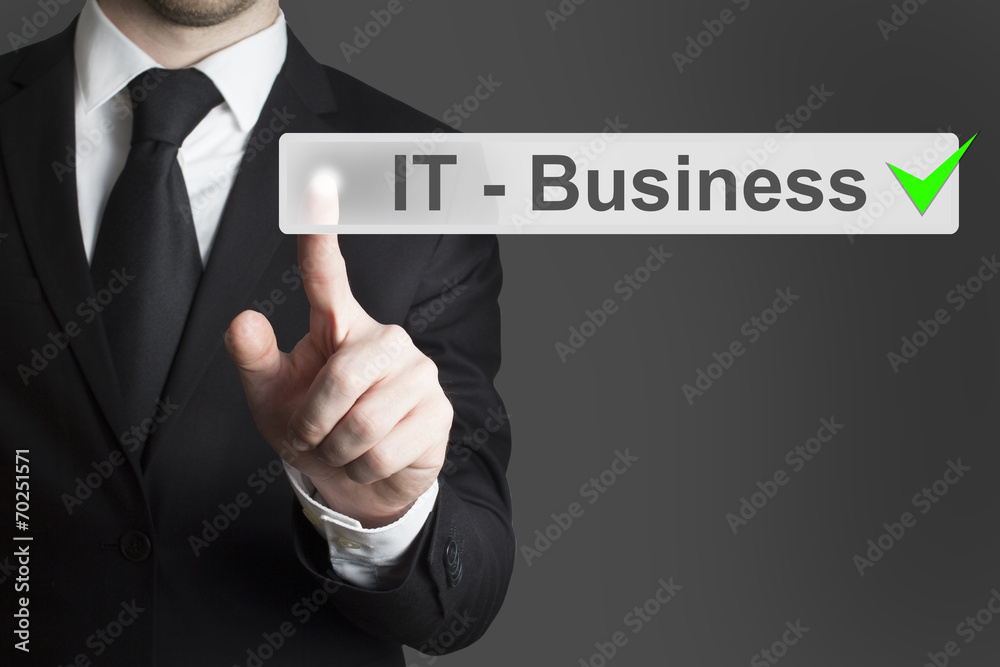 businessman pushing button it business businessman pushing button it business