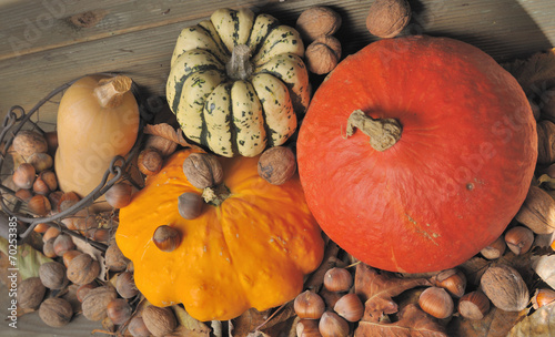 courges et fruits secs sur fond en bois