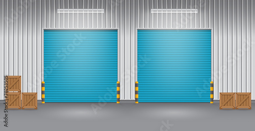 Storefront or shopfront is a facade or commercial building. Exterior with door and floor or entryway for retail shop or store. Protection with security shutter or roller door. Vector illustration.