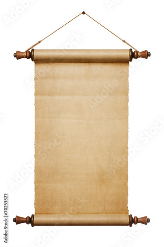 Vintage blank paper scroll isolated on white background with cop