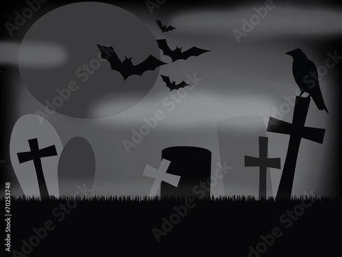 Horror cemetery with graves, bats and raven