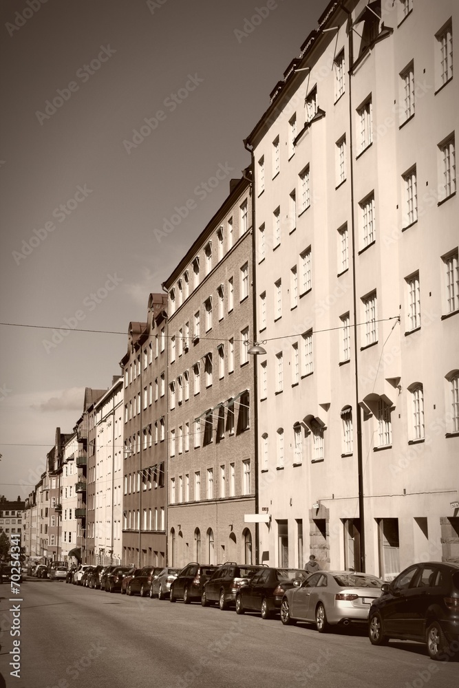 Naklejka premium Sweden - Stockholm, Sodermalm. Sepia monochrome tone.