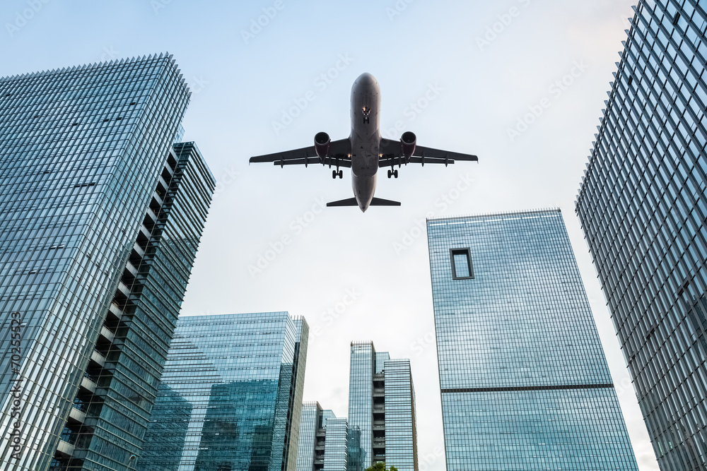 airplane and office buildings