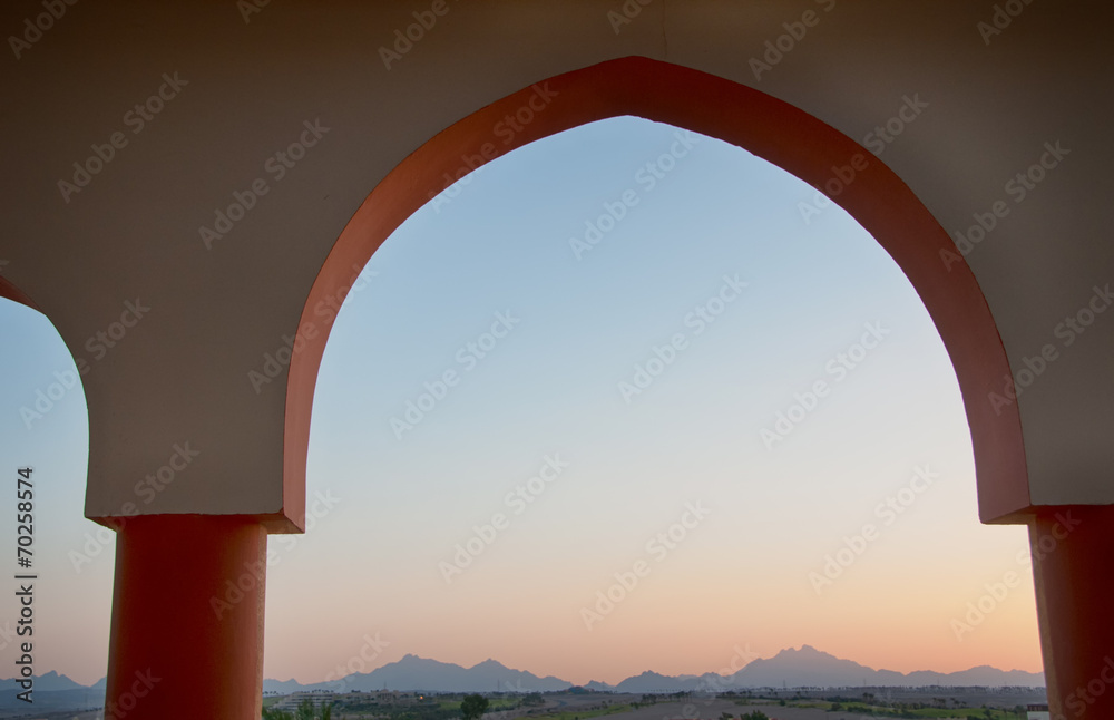 Red Sea Mountains at Dusk from Arched Window