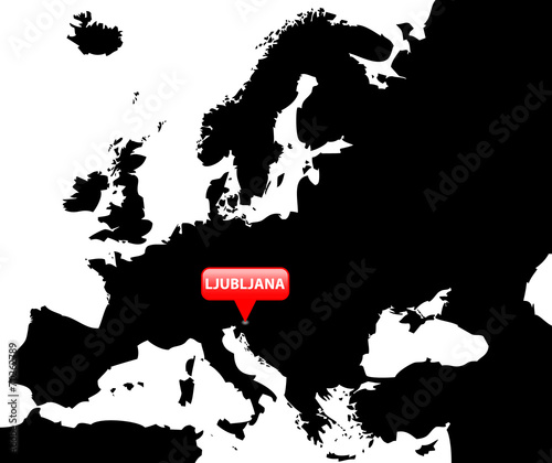 Map over Europe with the Capital in red bubble - Ljubljana.