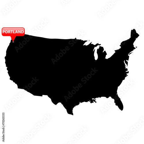 United States with the main cities in red bubble - Portland.