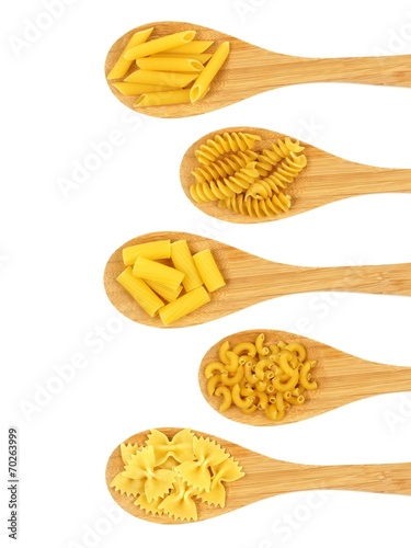 Collection of spoons filled with various dry pasta over white