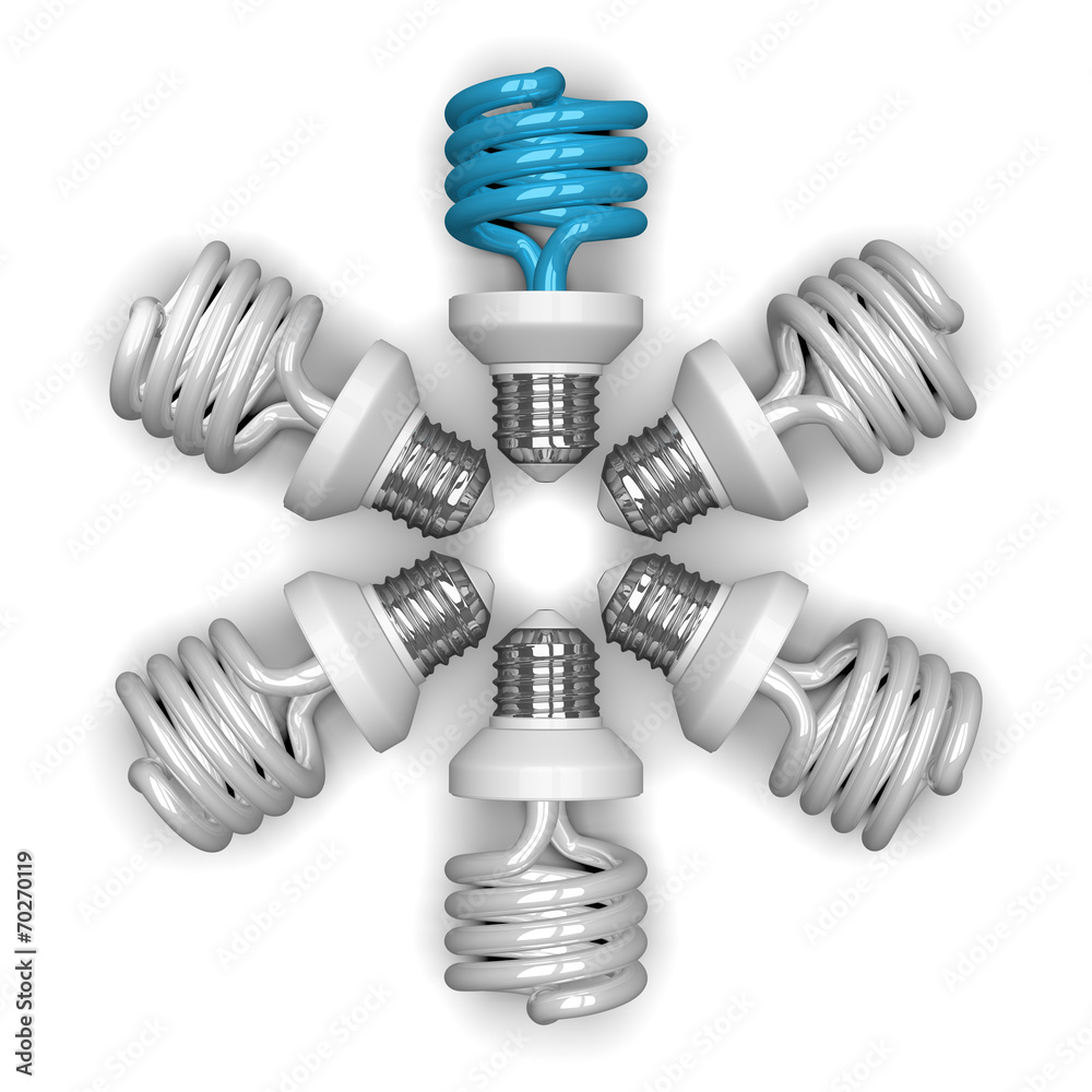 Blue spiral light bulb and white ones lying radially Blue spiral light bulb and white ones lying radially