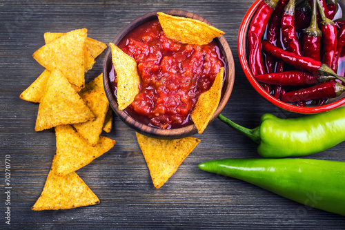 Salsa with tortilla chips and chilli peppers.Concept photo