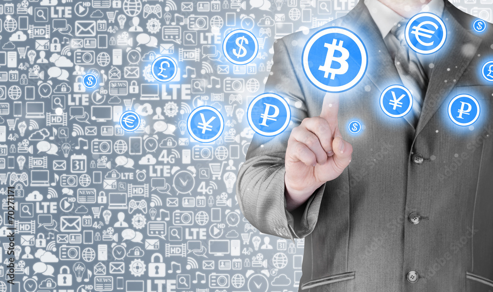 Choosing bitcoins, businessman pressing touch screen button. Choosing bitcoins, businessman pressing touch screen button.